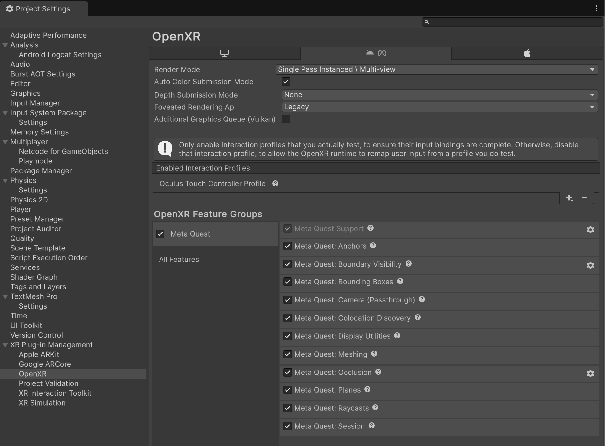 Unity's Project Settings window is open to XR Plug-in Management > OpenXR, showing a list of enabled features in the Meta Quest feature group