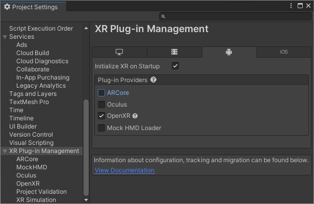 OpenXR in XR Management XR Plug-in Management