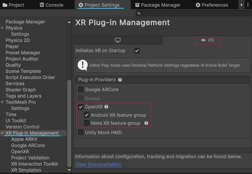Select OpenXR feature group in XR Plug-in Management