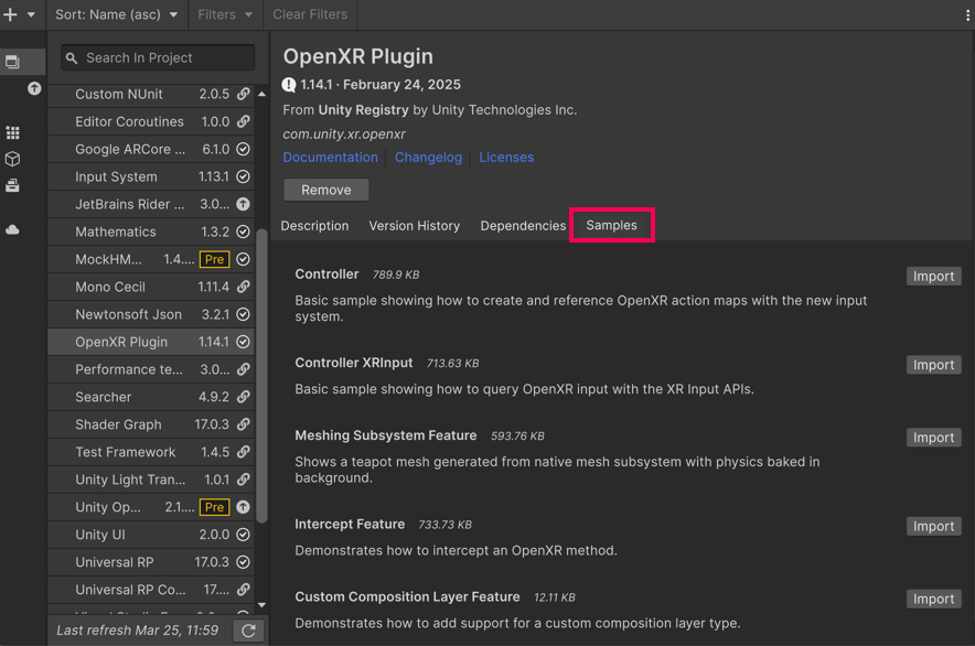 The OpenXR plugin in the Package Manager with the samples tab selected.