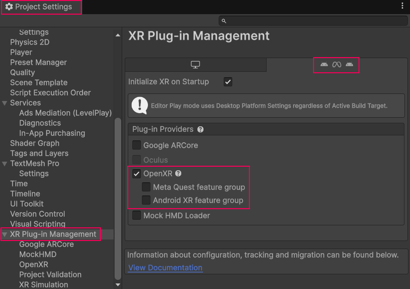 Select OpenXR feature group in XR Plug-in Management