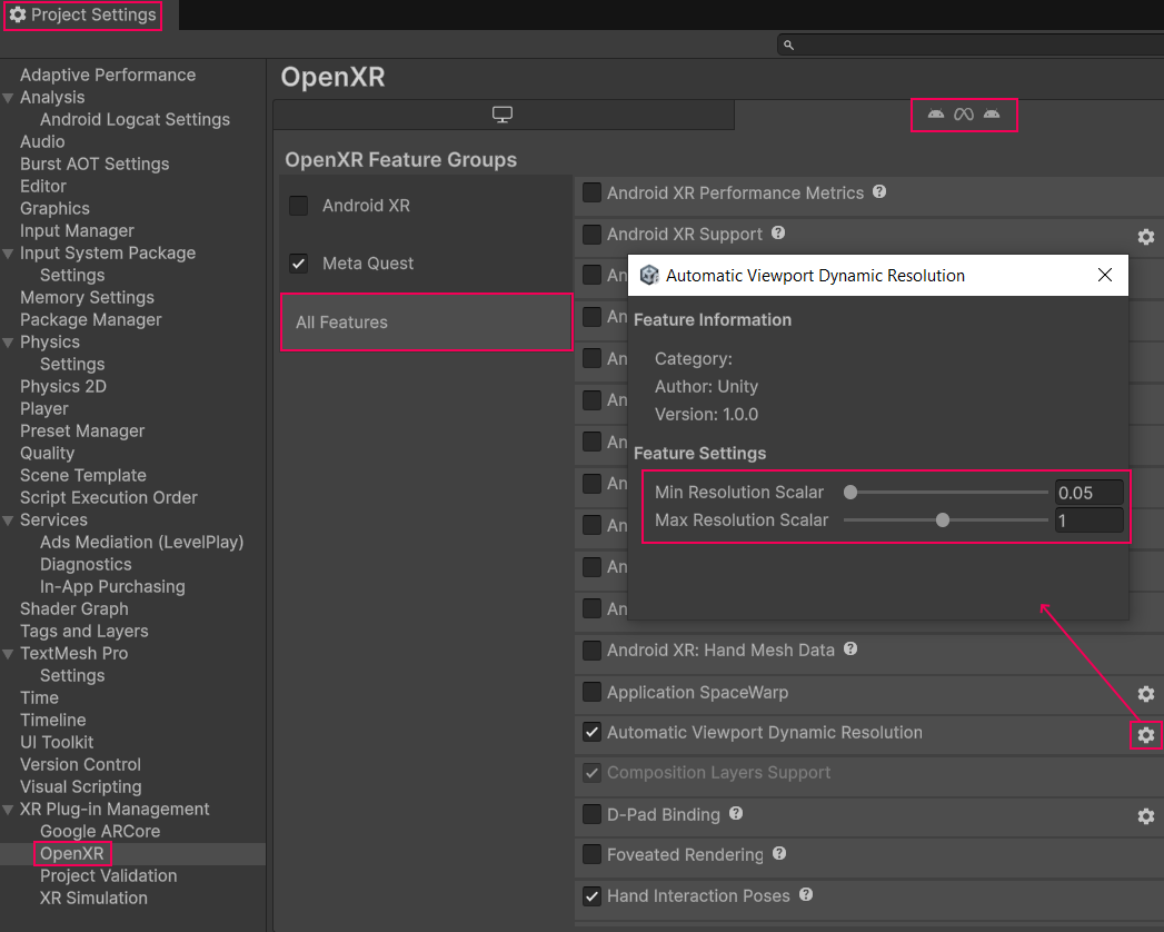 Select the gear icon to open automatic viewport dynamic resolution settings.
