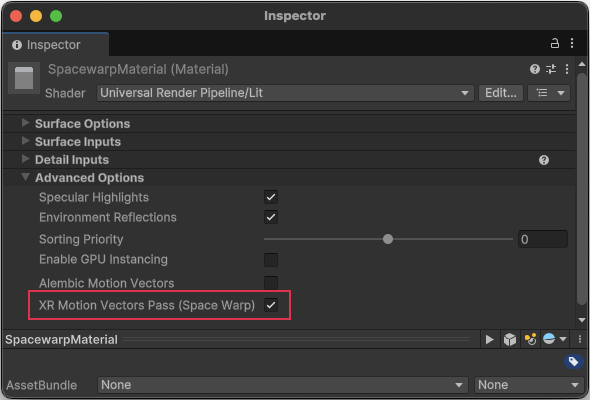 Material Inspector showing Advanced Options section.