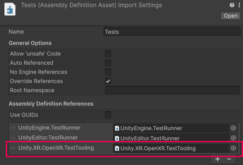 Test assembly definition asset settings referencing Unity.XR.OpenXR.TestTooling assembly
