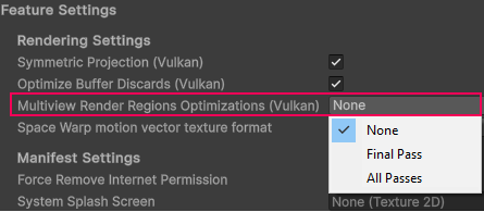 The Multiview Render Regions drop down is expanded in the OpenXR Rendering Settings.