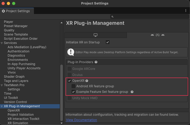 Feature group in XR Plug-in Management settings