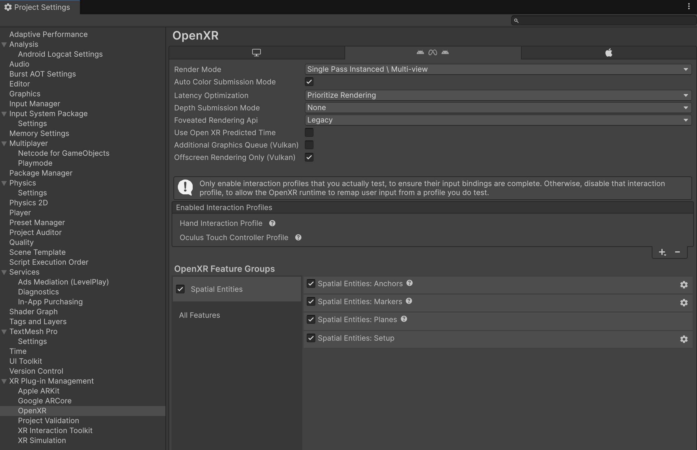 Spatial Entities: Planes feature in Project Settings
