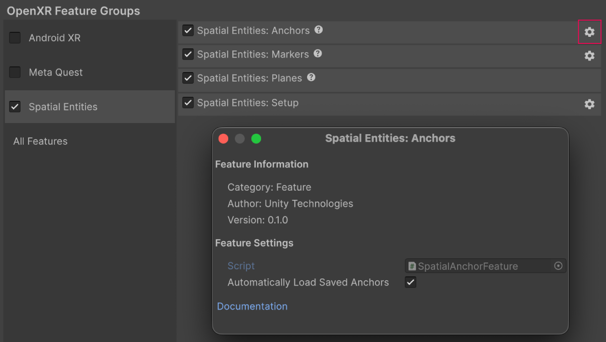Spatial Entities Anchor feature