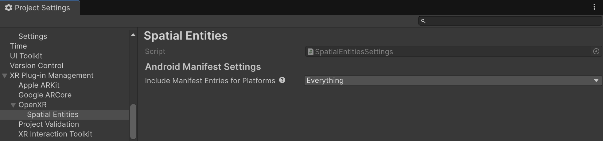 Spatial Entities settings shown in the Editor.