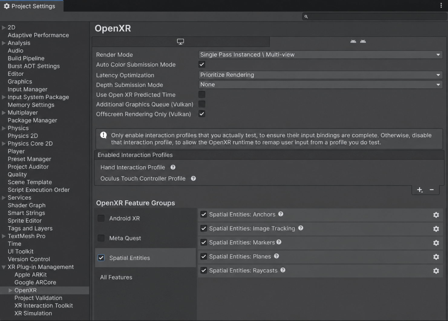 Unity's Project Settings window is open to XR Plug-in Management > OpenXR, showing a list of enabled features in the Spatial Entities feature group