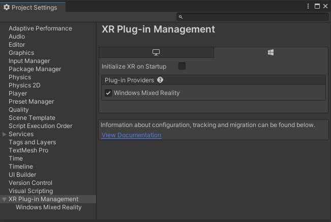 XR Management Settings for Remoting in a Built Application