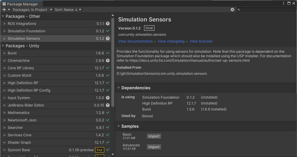 Simulation Sensors Package Samples