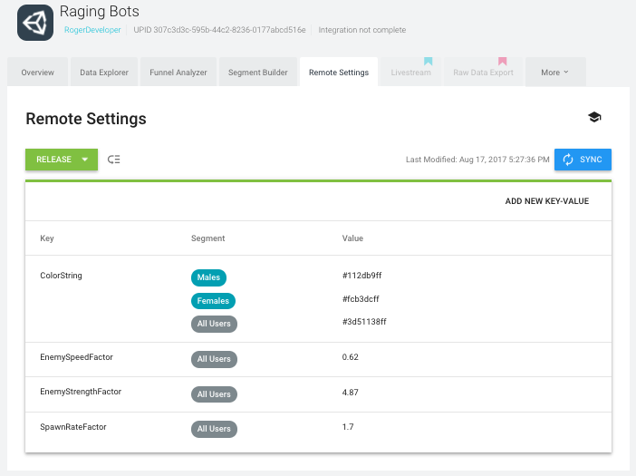 Raging Bots 游戏的 Analytics Dashboard 上的 Remote Settings 选项卡