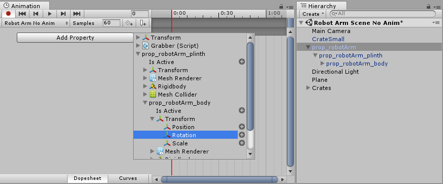 在按下 Add Curve 按钮时，子__游戏对象__会被显示在可动画属性列表中。它们可以展开，从而在这些子游戏对象 __Animation 视图__上查看可动画属性。