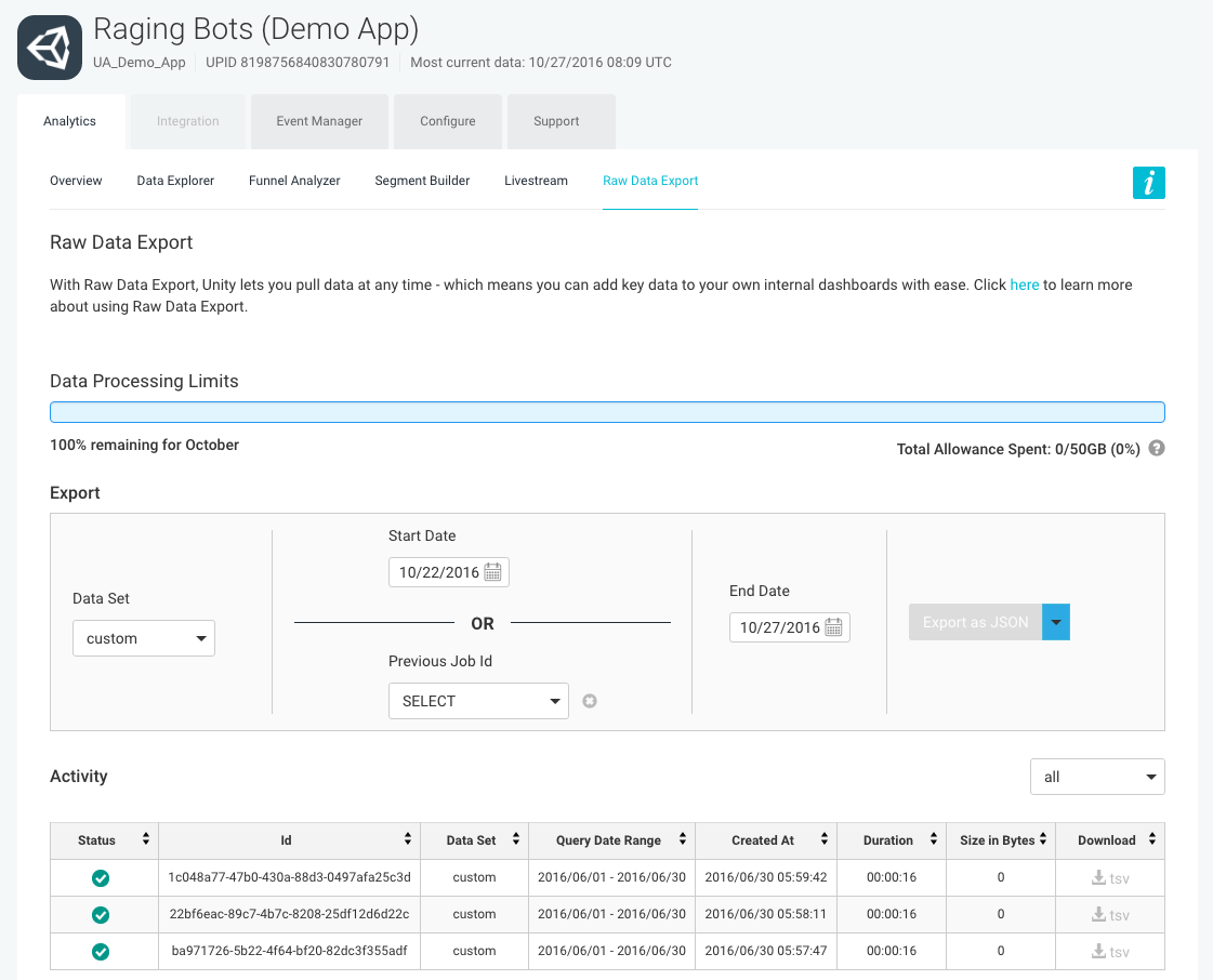 Raw Data Export 界面上的 Export 部分和 Activity 表