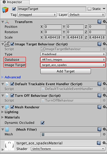 Adding a Target to the Image Target Behaviour component
