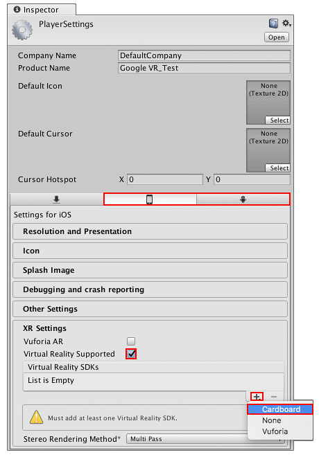 Finding Cardboard-specific settings for iOS/Android (Edit > Project Settings > Player > XR Settings)