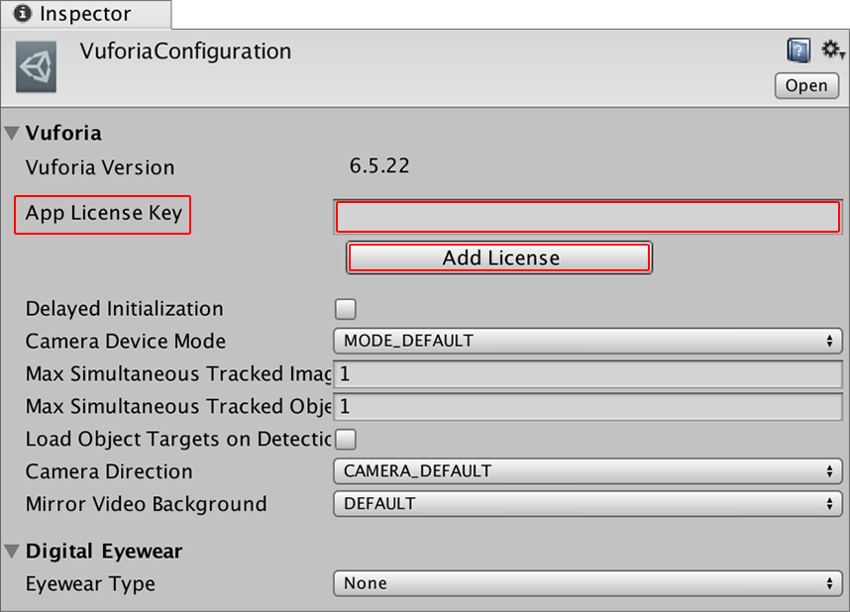 在 Vuforia Configuration 设置中输入 Vuforia 开发密钥