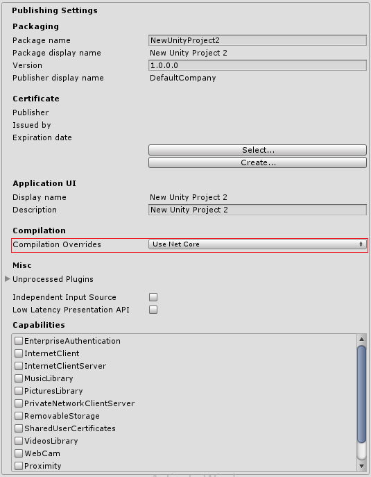 PlayerSettings Inspector 窗口的 Publishing Settings 部分，其中以红色突出显示了 Compilation Overrides