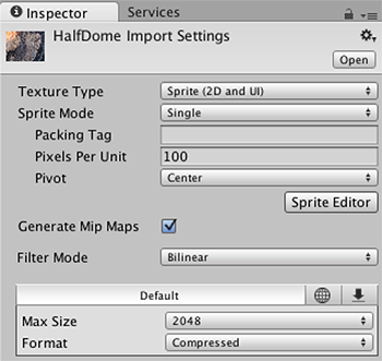 Fig 1: Set Texture Type to Sprite (2D and UI) in the assets inspector