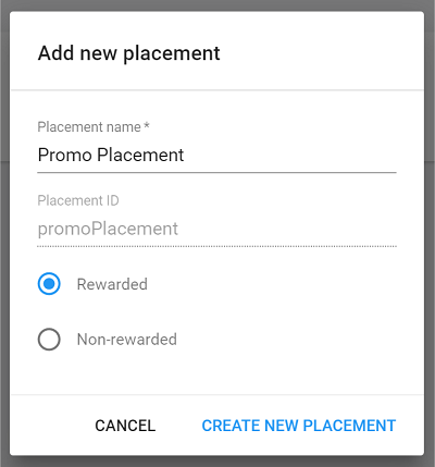 Creating a new Placement in the Developer Dashboard