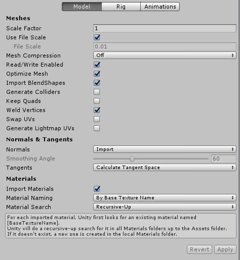 The Import Settings Dialog for a mesh