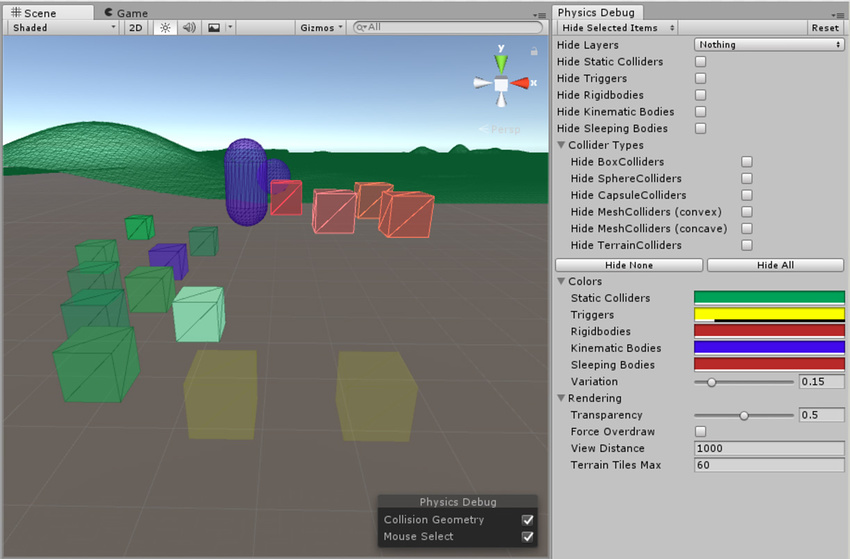 Physics Debug 窗口以及折叠选项和覆盖面板