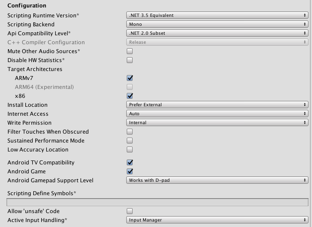 The Configuration section of the Android PlayerSettings window