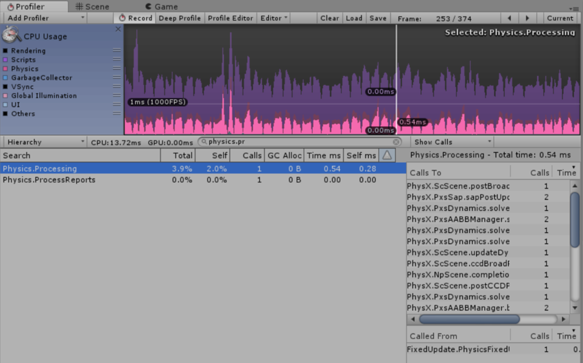 Calls 列中的值为 1 的 Physics Profiler