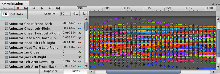 链接到 Timeline Editor 窗口的 Animation 窗口，由链接图标和动画剪辑名称指示