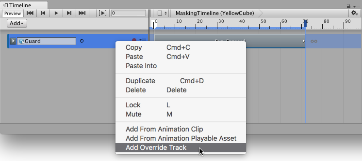 添加覆盖轨道。右键单击动画轨道，然后从上下文菜单中选择 Add Override Track。