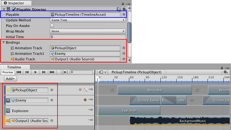Playable Director 组件显示时间轴资源（蓝色）及其绑定的游戏对象（红色）。Timeline Editor 窗口在轨道列表中显示相同绑定（红色）。