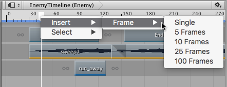 右键单击时间轴播放头，然后选择 Insert > Frame 将剪辑移动具体帧数