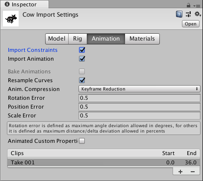 选中了 Import Constraints 选项的 Import Settings 窗口