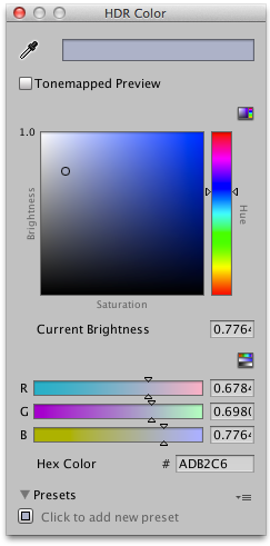 HDR 拾色器窗口（单击标准着色器中的发射颜色属性或在脚本中将 ColorUsageAttribute 用于颜色时显示）