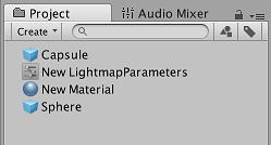 名为 New LightmapParameters 的光照贴图参数资源显示在 Project 窗口中