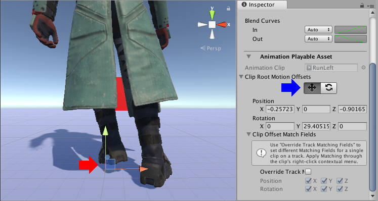 启用移动工具（Inspector 窗口中的蓝色箭头）在 Scene 视图中显示移动辅助图标（红色箭头）。使用移动辅助图标可手动定位所选动画剪辑的根运动偏移。
