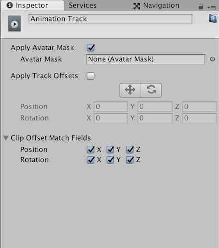 在 Timeline Editor 窗口中选择动画轨道 (Animation Track) 时显示的 Inspector 窗口