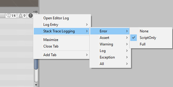Stack trace logging options