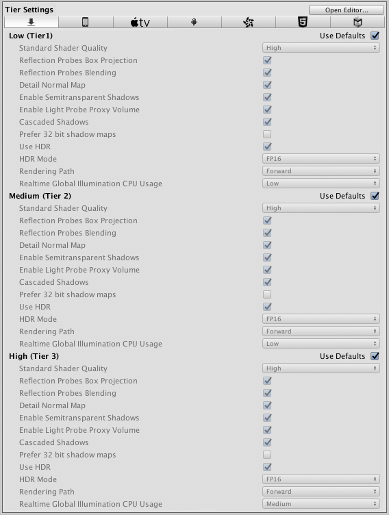 Tier Settings as displayed in the Player settings