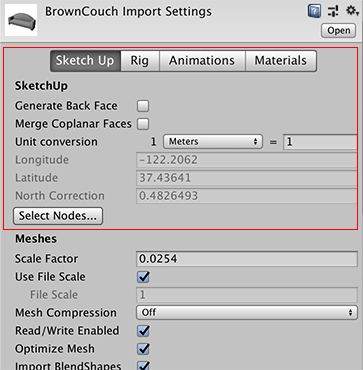 SketchUp-specific properties in the Inspector window for importing the Model