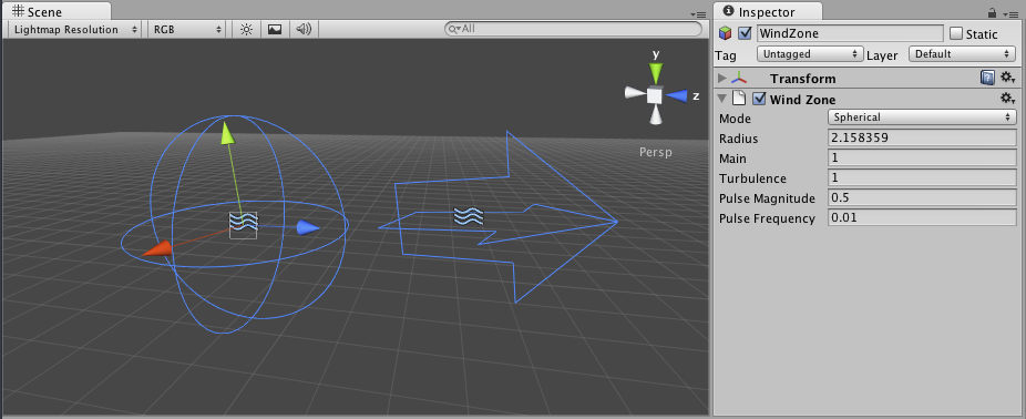 To the left a Spherical Wind Zone, to the right a Directional Wind zone.