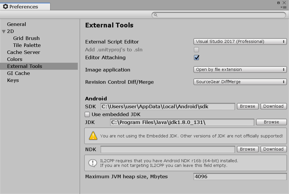 Preferences for Android external tools