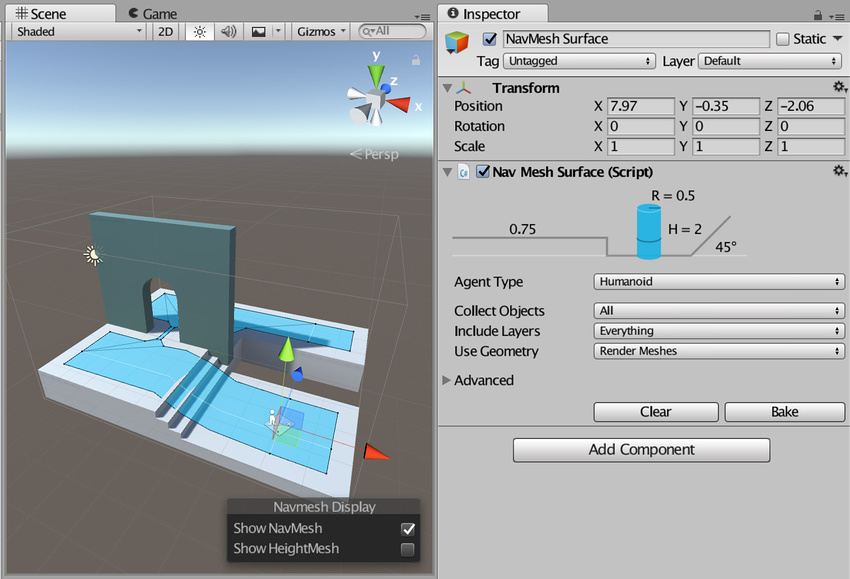 A NavMesh Surface component open in the Inspector window