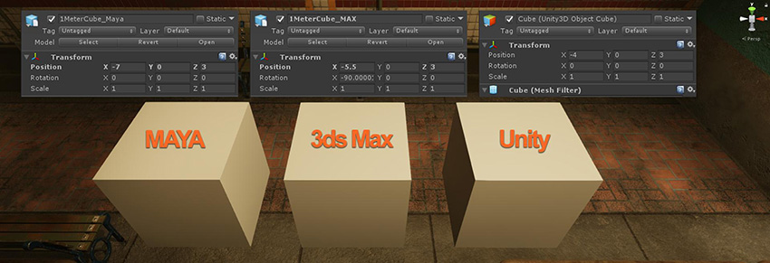 从 Autodesk® Maya® 和 Autodesk® 3ds Max® 导入的立方体与 Unity 中创建的立方体之间进行比例比较