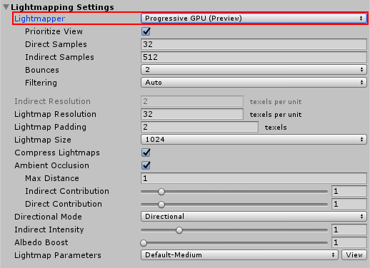 在 Lightmapping Settings 中的 Lightmapper 下选择 Progressive GPU Lightmapper。