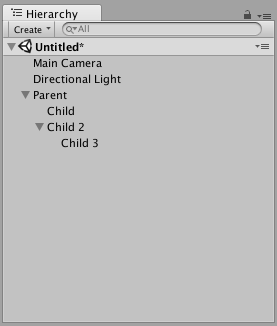 In this image, Child and Child 2 are the child objects of Parent. Child 3 is a child object of Child 2, and a descendant object of Parent.