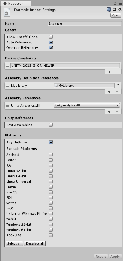 程序集定义 (Assembly Definition) Inspector