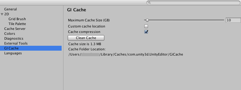 Preferences 窗口中的 GI Cache 范围