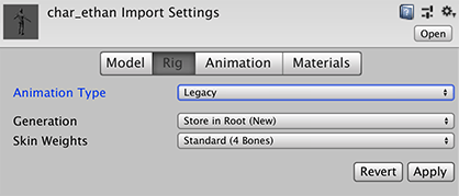 Import Settings 窗口上的 Rig 选项卡